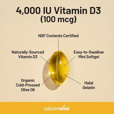 NatureWise Vitamin D3 4000iu (100 mcg) 200-Day Supply for Immune Support, Healthy Muscle Function, and Bone Health - Non-GMO, Gluten Free in Organic Extra Virgin Olive Oil, (Mini Softgel), 200 Count - Image 3