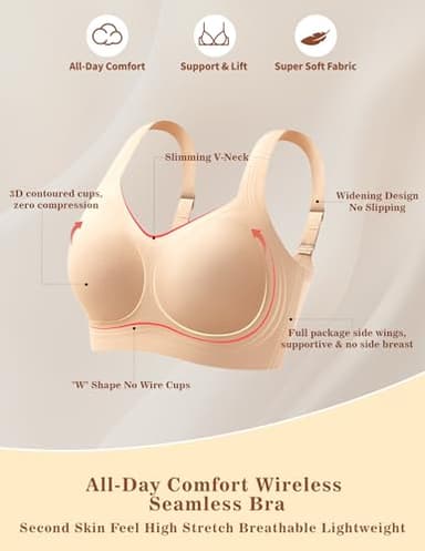 KeepMyself Women's Wireless Push Up Bra for Older Women, Full Coverage Seamless Supportive Back Smoothing T-Shirt Bra, Plus Nude - Image 4