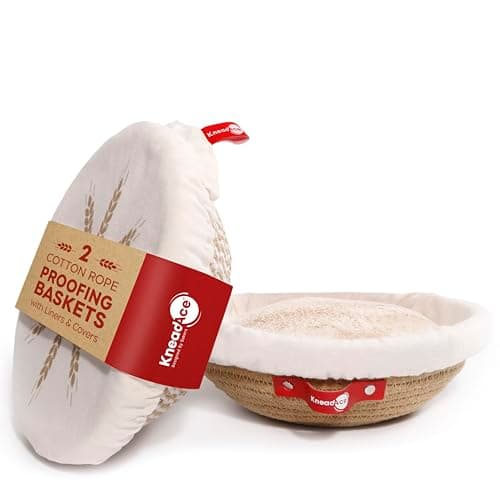 KneadAce Cotton Rope Banneton Bread Proofing Basket Set, 2 x Round Bread Basket with Liners & Covers for Artisan Bread Baking, Sourdough Bread Baking Supplies - Image 1