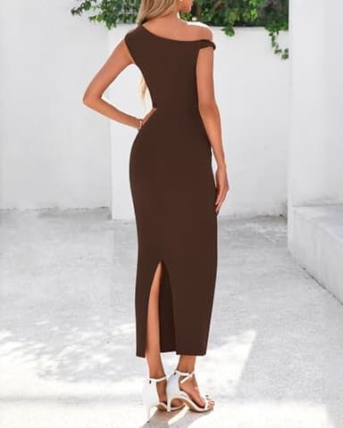 BTFBM Women's Formal Cocktail Dresses Fall 2025 One Shoulder Twist Strap Ruched Bodycon Elegant Wedding Party Maxi Dress(Coffee, Small) - Image 3