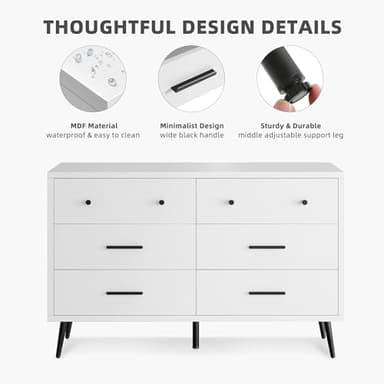 DWVO White 6-Drawer Dresser, Modern Wooden Chest of Drawers with Black Metal Handles & Anti-Tip Safety, Stylish Storage Cabinet for Bedroom, Living Room, Hallway, or Entryway - Image 4
