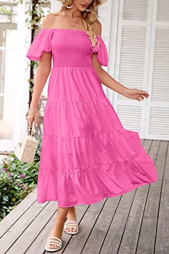 PRETTYGARDEN Women's Casual Summer Midi Dress Puffy Short Sleeve Square Neck Smocked Tiered Ruffle Dresses (Rose Pink,Medium) - Image 4