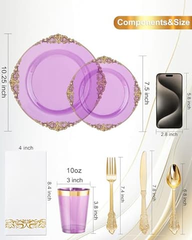 Nervure 350PCS Purple Plastic Plates - Purple Plastic Dinnerware Sets for 50 Guests - 100 Disposable Plates, 150 Gold Silverware, 50 Cups, 50 Napkins for Wedding & Party - Image 3