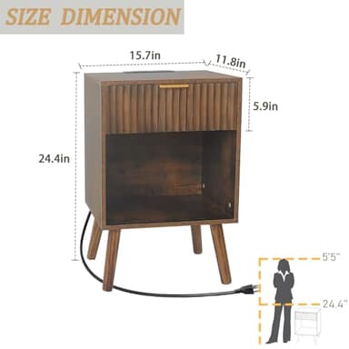 Fultyle Mid Century Modern Nightstand with Charging Station, Modern Bedside Table with Fluted Drawer and Storage Shelf, End Side Tables Living Room for Bedroom, Office (Rustic Brwon) - Image 4