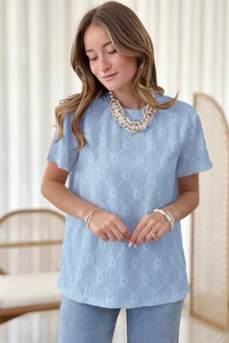 Dokotoo Womens Spring Tops for Women 2025 Trendy Dressy Casual Eyelet Embroidery Hollow Out Lace Crochet Short Sleeve Shirts for Women Summer Loose Blouse Tunic Top Tee T Shirt for Work Sky Blue M - Image 3