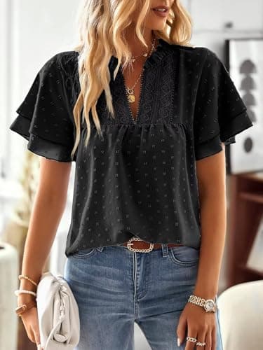 Falechay Womens Tops Summer Blouses for Women 2025 Swiss Dot Butterfly Sleeve Short Sleeves Boho Shirts Black XL - Image 4