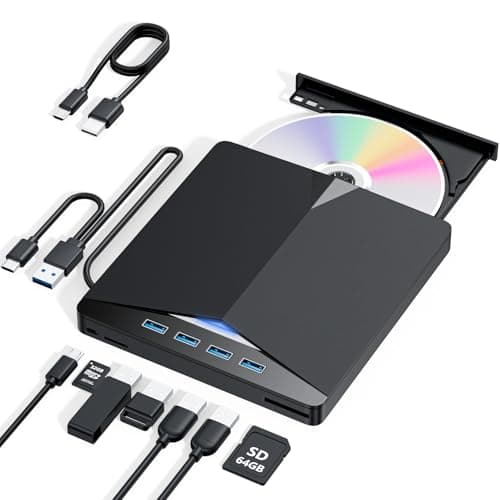 External CD/DVD Drive for Laptop, 7-in-1 DVD Player for Laptop USB 3.0 Portable Burner with SD/TF Card Reader & 4-Port USB Hub, Compatible with Windows, Mac OS, Linux (7 in 1) - Image 1