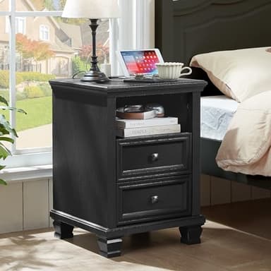 SAVOR LIFE Farmhouse Nightstand Set of 2 with Charging Station, Rustic Black Nightstand,2 Drawers End Table for Living Room,Bedside Table with Open Shelf for Bed Room,Black - Image 2