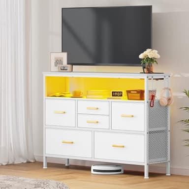 YITAHOME Dresser TV Stand for 45'' TV, 6-Drawer Dresser with Power Outlet and LED Light, Wide Drawer with Metal Handle, White with Shelves and PU Finish - Image 4