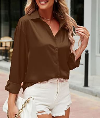 WARHORSEE Womens Button Down Shirt Long Sleeve Work Dress Shirts Wrinkle Free Satin Blouses Business Casual Tops Dressy,Brown,XXL - Image 3