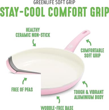GreenLife 16 Piece Nonstick Cookware Set, Soft Grip Non-Toxic PFAS-Free Ceramic Pots & Pans, Dishwasher & Oven Safe, Frying, Sauce, Saute, Utensils, Glass Lids, Stay-Cool Handles, Wobble Free, Pink - Image 4