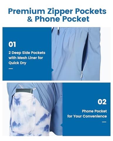 maamgic 5inch Mens Swimming Trunks with Compression Liner 2-in-1 Swim Trunks Stretch Quick Dry Swim Shorts with Zipper Pockets Mist Blue x Ink Painting XX-Large - Image 3