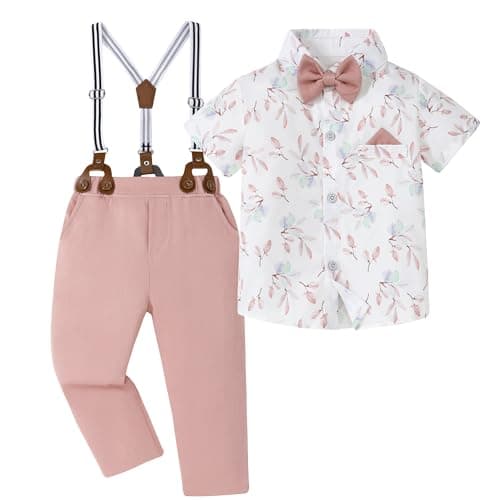 DISAUR Baby Boy Gentleman Outfit White Flower Dress Shirt Pink Suspender Pants Toddler Suits for Boys 3t 4t 3-4t - Image 1