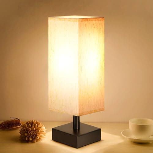 Small Table Lamp for Bedroom - Bedside Lamps for Nightstand, Minimalist Night Stand Light Lamp with Square Fabric Shade, Desk Reading Lamp for Kids Room Living Room Office Dorm - Image 1