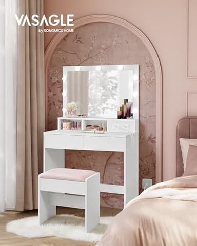 VASAGLE Vanity Desk with Power Outlets, Makeup Vanity with Mirror and Lights, with Upholstered Vanity Stool, 9 Dimmable LED Lights, 2 Compartments, 2 Drawers, for Bedroom, Cloud White URDT029W01 - Image 2