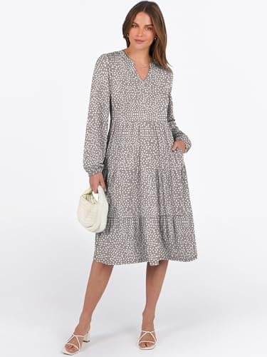 ANRABESS Long Sleeve Midi Dresses for Women V Neck 2025 Fall Fashion Casual Loose Fit Flowy Swing Tiered Vacation Boho Dress Khaki Polka Dot Medium - Image 5
