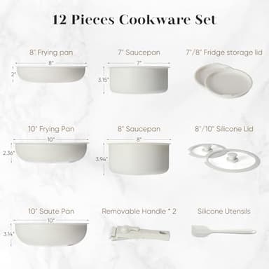 Sweetcrispy 12 pcs Pots and Pans Set, Nonstick Kitchen Induction Cookware Suit with Detachable Handle, Dishwasher Oven Safe, Milky White - Image 2