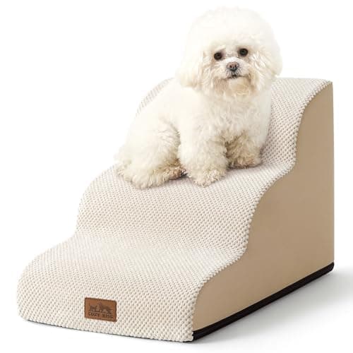 COZY KISS Dog Stairs for Small Dogs 15.7" H, Curved Dog Step for Puppy, Older Cat, Medium Pet Ramp for Sofa, Couch or Chair, Ladder with High Density Foam, 3 Step, 15.7x22.4x15.7 inch, Beige - Image 1