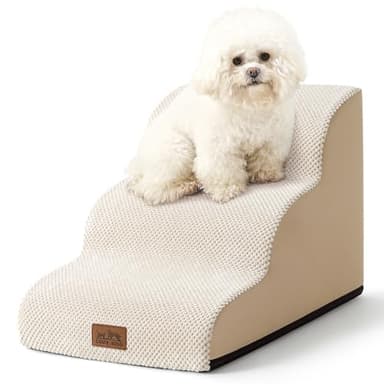 COZY KISS Dog Stairs for Small Dogs 15.7" H, Curved Dog Step for Puppy, Older Cat, Medium Pet Ramp for Sofa, Couch or Chair, Ladder with High Density Foam, 3 Step, 15.7x22.4x15.7 inch, Beige - Image 1
