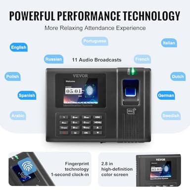 VEVOR Time Clock, Employee Attendance Machine with Fingerprint, RFID and PIN Punching in One, Standalone Biometric Clock in Machine for Employees Small Business with 5 RFID Cards & No Monthly Fees - Image 5