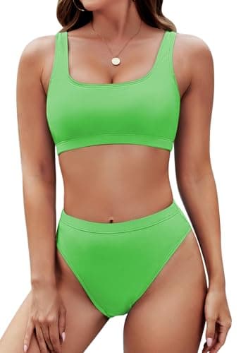 Pink Queen Women's 2 Piece Swimsuit Scoop Neck Sporty Crop Top High Waisted Bikini Set Bathing Suit Light Green L - Image 1