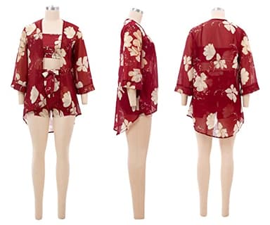 KEYUFANG Women 3 Piece Vocation Outfits Summer Suit Floral Kimono Cardigans Beach Cover Up Crop Cami Top Short Set Red - Image 5