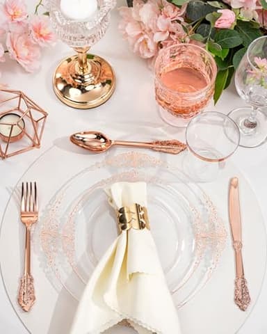 Nervure 350PCS Rose Gold Plastic Plates - Rose Gold Plastic Dinnerware Sets for 50 Guests - 100 Disposable Plates, 150 Silverware, 50 Cups, 50 Napkins for Wedding & Party - Image 4