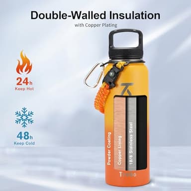 Trebo 40oz Water Bottle with 3 Lid and handle, Vacuum Insulated Stainless Steel Metal Outdoor Leakproof BPA-Free Flask, Keep Cold 48 Hours Water Jug, Best Gift for Men Women Holiday, Orange - Image 2