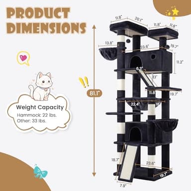 SHA CERLIN 81in Multi-Level Tall Cat Tree Tower for Indoor Kitties/Larger Cat Condo Furniture with Hammock/Cozy Pussycat Perches/Sisal Scratching Posts/Pet House/Wide Base/Dark Grey - Image 2