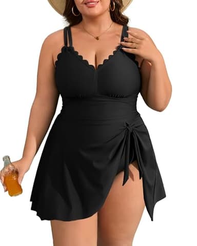 Charmo Plus Size Bathing Suit for Women One Piece Swimdress Tummy Control Ruched Swimsuits Scalloped V Neck Swimwear Black 3X - Image 1