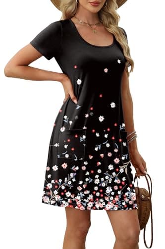 OFEEFAN Summer Dresses for Women 2025 Beach Fashion Vestidos De Verano para Mujer Women's Casual Dresses Loose U Neck Short Sleeve T Shirts Dress Sundresses wih Pockets Floral 09 XL - Image 3
