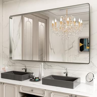 LOAAO 84X32 Inch Brushed Nickel Bathroom Mirror, Rounded Rectangle Silver Metal Frame Mirror, Brushed Nickel, Anti-Rust, Hangs Horizontally or Vertically - Image 1