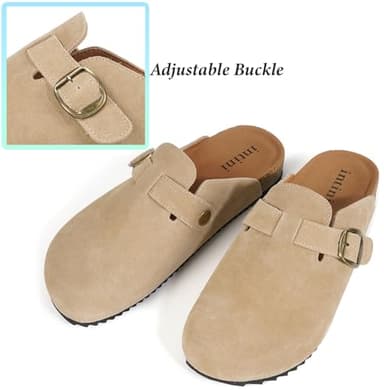 Unisex Suede Leather Clogs Mules Mens Womens Genuine Cork Footbed House Slipers with Arch Support and Adjustable Buckle Apricot - Image 5