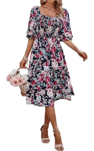 PRETTYGARDEN Women's Summer Casual Midi Dress 2025 Spring Puff Sleeve Square Neck A-line Flowy Boho Floral Smocked Dresses (Blue Red Flower,XL) - Image 5