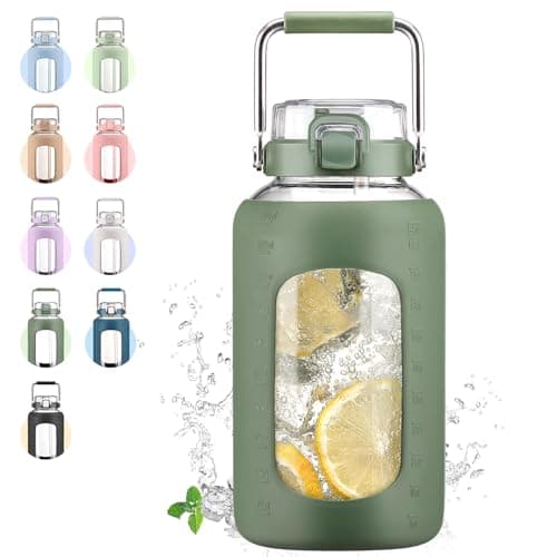 WINSA 84oz Glass Water Bottle with Stainless Steel Handle,2.5L Gallon Water Bottle with 2-IN-1 Straw Lid, Silicone Sleeve and Motivational Capacity Marker, Wide Mouth Water Jug For Gym, Workout, Olive - Image 1