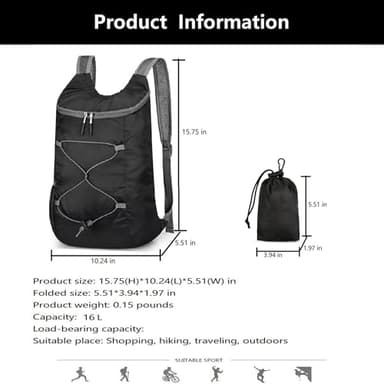levayhill 16L Lightweight Foldable Hiking-Backpack Small Packable-Daypack For Travel,Ultralight Water-Resistant Gym Bag Men Women Easy Carry-on (Black&Gray) - Image 3