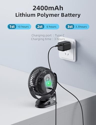 Svinkal USB Portable Clip on Fan, 2400mAh Battery Type-C 6in, 3 Speed 720° Tilting Head, Black Personal Rechargeable Fan for Desk, Bedside, Golf Cart, Baby Stroller, Indoor & Outdoor Use - Image 3
