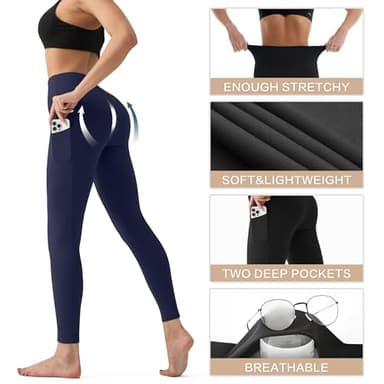 High Waisted Leggings for Women with Pockets - Tummy Control Yoga Pants for Workout Running Athletic No See Through Navy Blue - Image 4