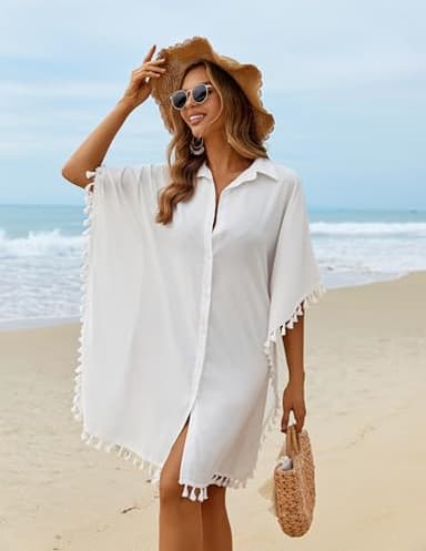 AI'MAGE Women's Swimwear Cover Ups 3/4 Sleeve Beach Coverup with Tassel Button Down Oversized Swimsuit Cover Up Shirt White - Image 2