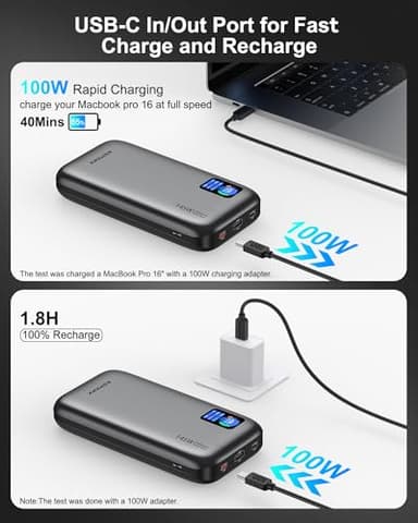 AsperX Laptop Power Bank,24,000mAh 145W PD 3.1 Fast Charging Portable Charger, TFT Smart Display USB C Battery Pack(86.4Wh) for MacBook/iPhone 17/Dell XPS/Galaxy S25/Steam Deck/ipad (Flight-Approved) - Image 4