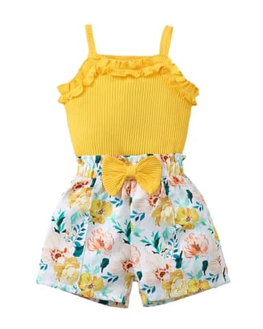 Kucnuzki 12 18 Months Little Girl Clothes Ribbed Tank Top Yellow Ruffle Toddler Shirt Halter Cute Tops Floral Baby Girl Shorts Kids Baby Clothes Summer Outfits - Image 1
