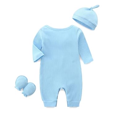 Bibimom Infant Boy Clothes 0-3 Months Knit Round Crew Neck Snap Closure Blue Romper - Image 2
