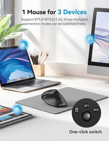 TECKNET Ergonomic Mouse, Rechargeable 2.4G+Bluetooth Vertical Mice 6 DPI Adjustable, Wireless Optical Carpal Tunnel Mouse for Right Hand, Silent 6 Buttons for Laptop, PC, MacBook, iPad - Black - Image 2