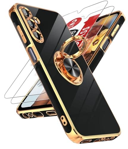 LeYi for Samsung A15-5G Case: with [2 Pack] Tempered Glass Screen Protector 360° Rotatable Ring Holder Magnetic Kickstand, Plating Rose Gold Edge for Galaxy A 15 5G Case, Black - Image 1