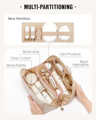 EACHY Travel Makeup Bag, Large Capacity Cosmetic Bags for Women, Waterproof Portable Open Flat Toiletry Bag Make up Bag with Divider and Handle, Gifts for Women (White, Large) - Image 2