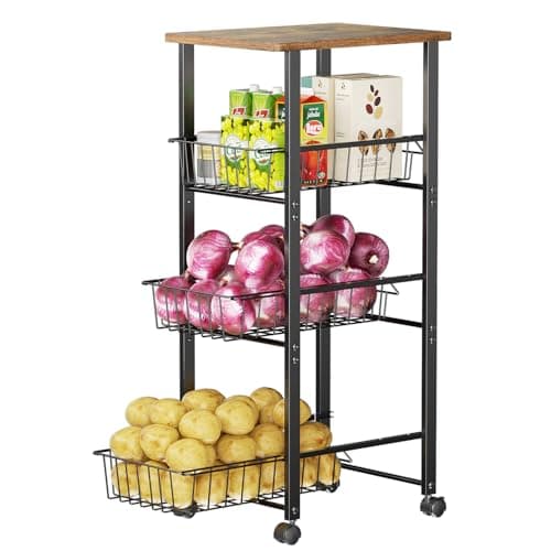 Delamu Kitchen Organizer and Storage Cart, 4-Tier Rolling Utility Cart with Wheels, Slide-Out Baskets and Table Top, for Fruit Potato Onion Vegetable Snack,Black - Image 1