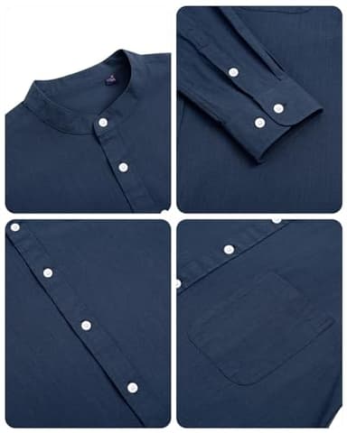 Alimens & Gentle Men's Cotton Linen Shirts Long Sleeve Button Down Shirt Band Collar Beach Shirts Navy Blue - Image 5