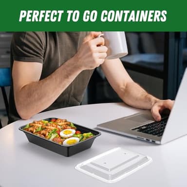 50 Pack (100-Piece) 32 oz Meal Prep Containers Reusable with Easy Open Lids, Sturdy Leakproof Food Safe, Microwave Freezer Dishwasher Safe, To Go Take Out Plastic Food Storage Pans with Lids, Black - Image 7
