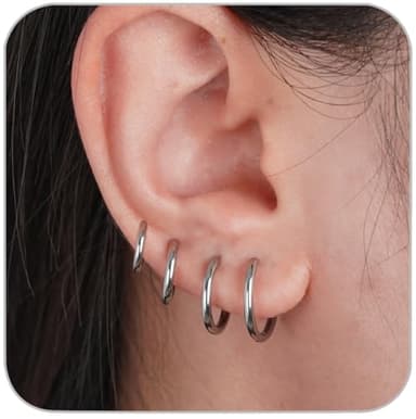 4 Pairs Small Hoop Earrings Set for Women, 316L Surgical Stainless Steel Huggie Hoop Earrings Hypoallergenic Cartilage Hoop Earrings for Helix Tragus Conch Piercing Jewelry for Women Men(Silver-1.6mm) - Image 1