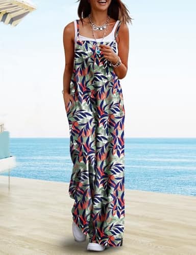 YESNO Women's Summer Boho Casual Jumpsuits Wide Leg Overalls Floral Print Baggy Rompers with Pockets M PZZCR 384O - Image 2